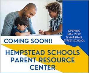 coming soon parent resouce center text in center, man helping 2 children write in top left corner